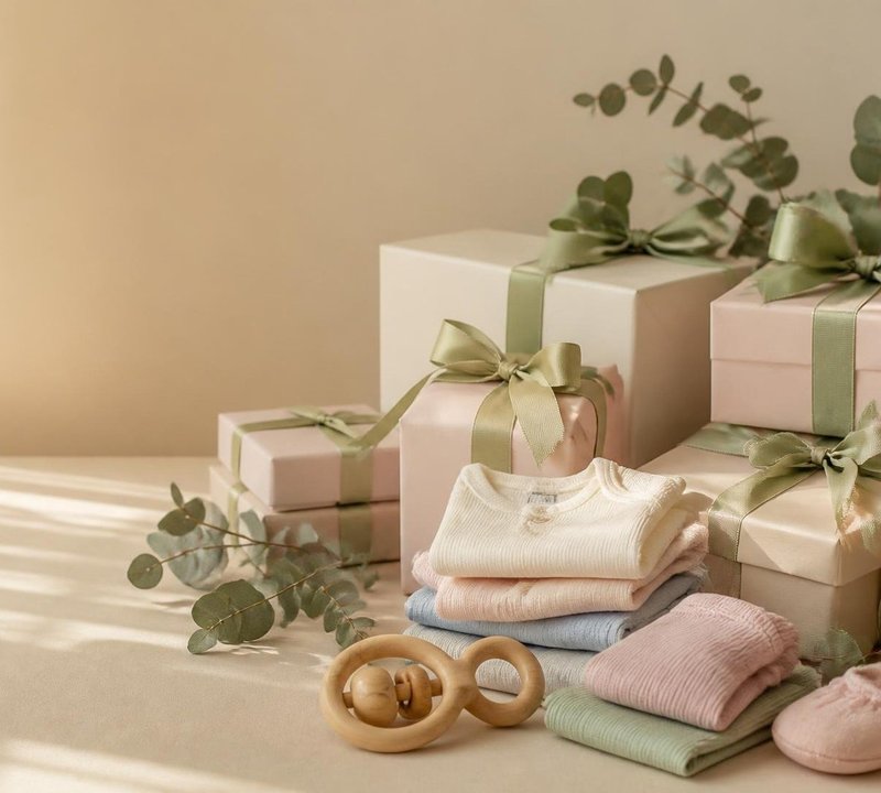Regalos de baby shower con ropita de bebé, sonajero de madera y ramas de eucalipto.