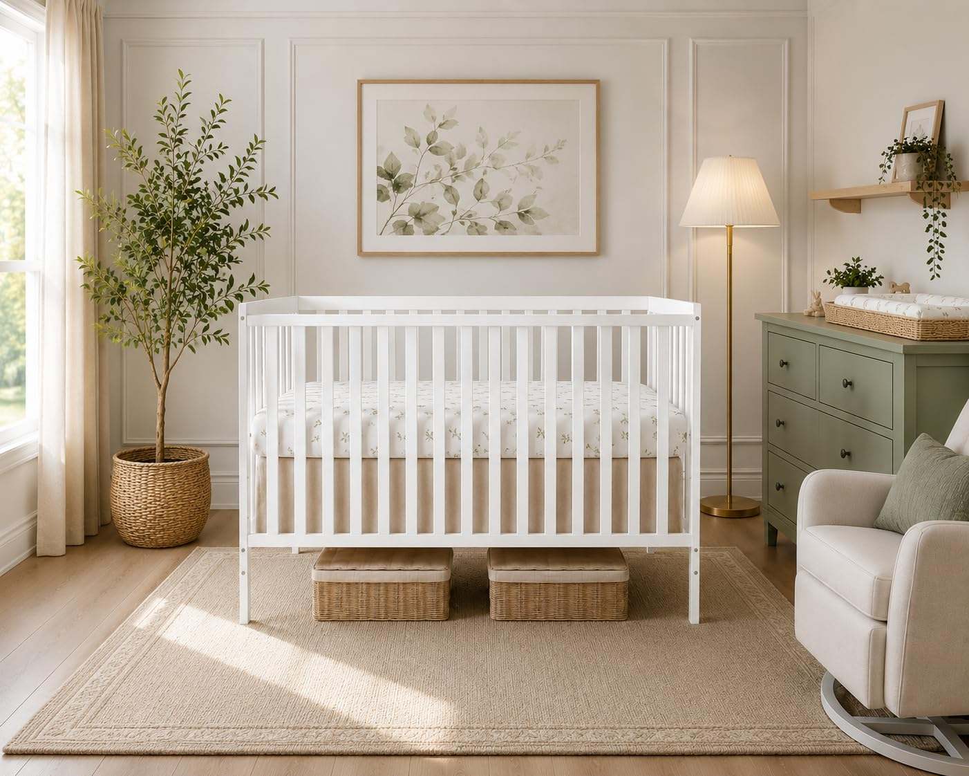 Cuna blanca Dream On Me Synergy en una habitación infantil