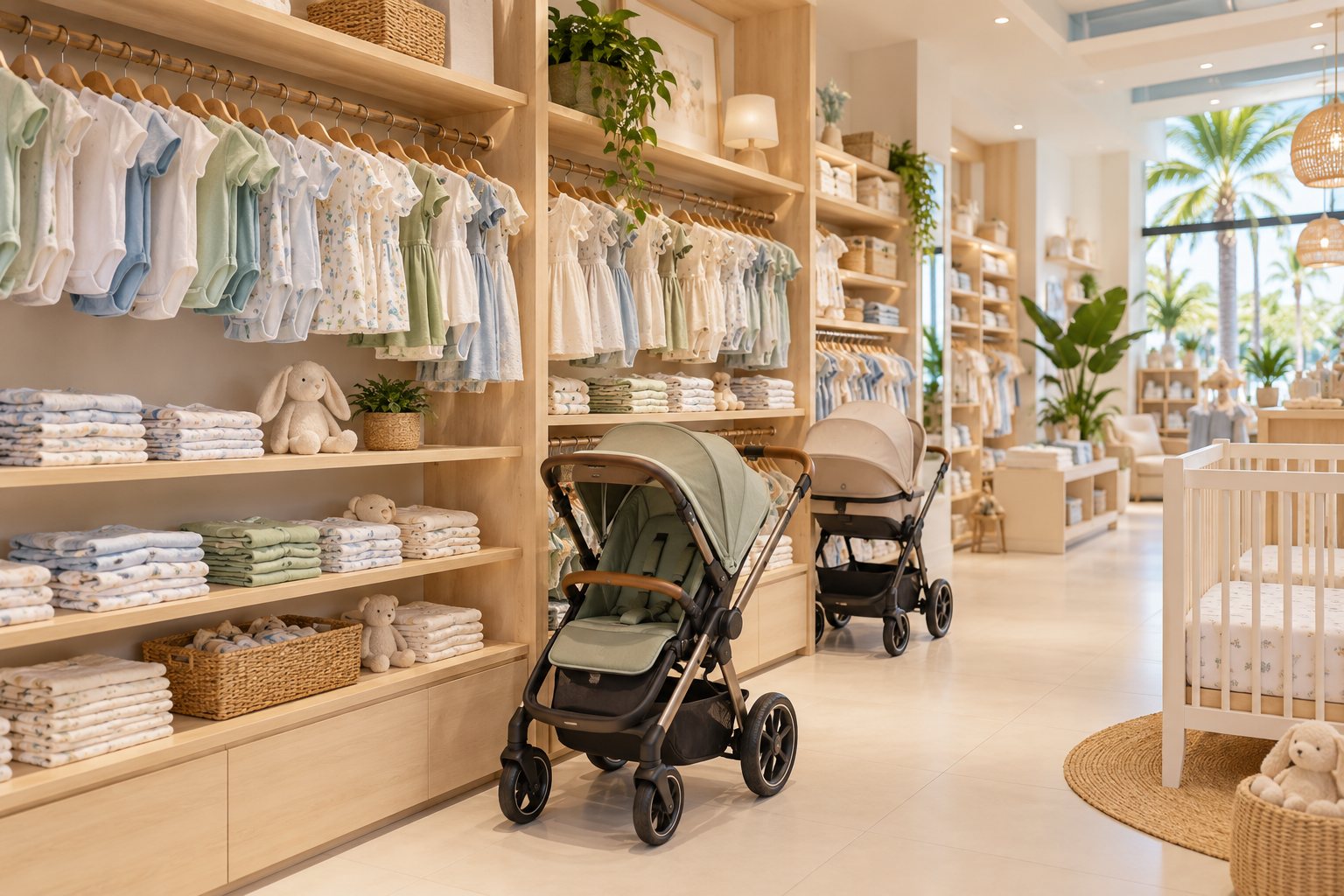 Estantes con ropita de bebé y coches en Casa de Cunas