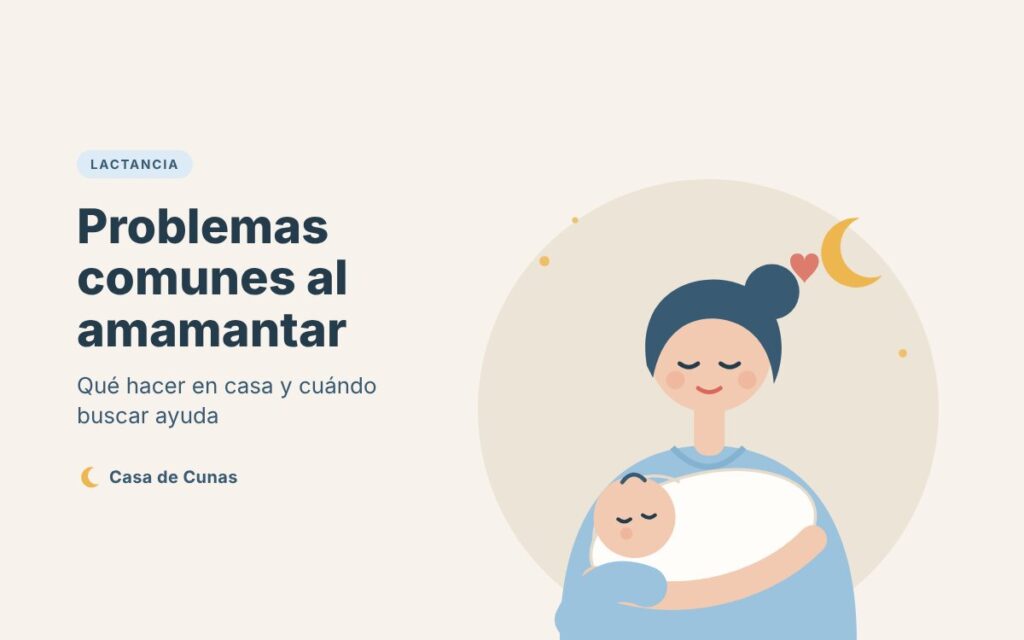 Ilustración de una madre sosteniendo a su bebé en brazos, portada del artículo sobre problemas comunes al amamantar.
